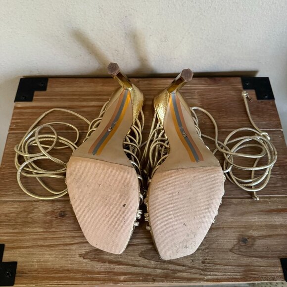 Sam Edelman Lylah Gold Metallic Open Toe Strappy Ankle Wrap High Heels Size 8.5 - Picture 14 of 15